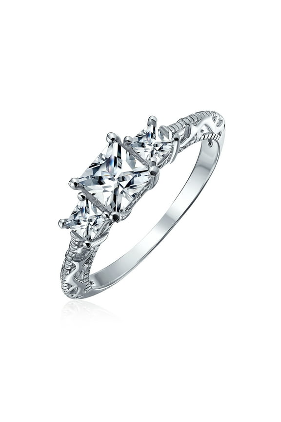 Womens Antique 3CTW Milgrain Princess Solitaire CZ Engagement Ring