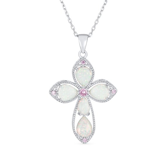 Bling Jewelry Womens Gemstone Pink CZ White Created Opal Cross Necklace .925 Sterling Silver