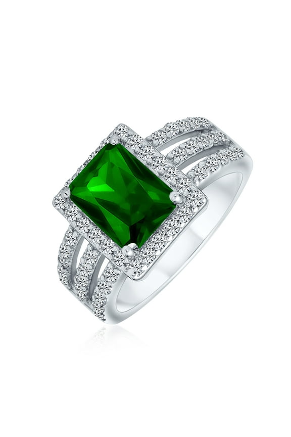 Womens Art Deco 3CT Rectangle Green CZ Emerald Cut Halo Engagement Ring Sterling Silver