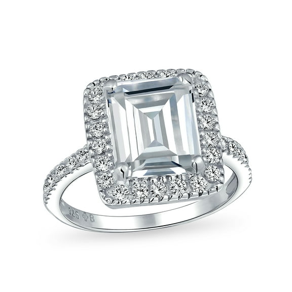 Bling Jewelry Womens 5CT Emerald Cut CZ Halo Engagement Ring Thin Pave Band