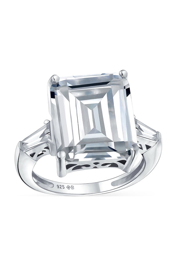 Womens Art Deco Style 7CT CZ Emerald Cut Solitaire Statement Ring .925 Sterling Silver Baguette Side Stones