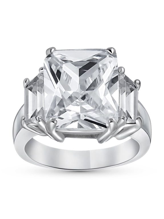 Womens 8CT CZ Emerald Cut Engagement Ring 925 Sterling Silver Baguette Side Stones