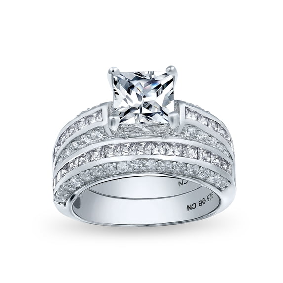 Bling Jewelry Womens 3CT Art Deco Style Princess Cut Solitaire CZ Wedding Ring Set Sterling Silver