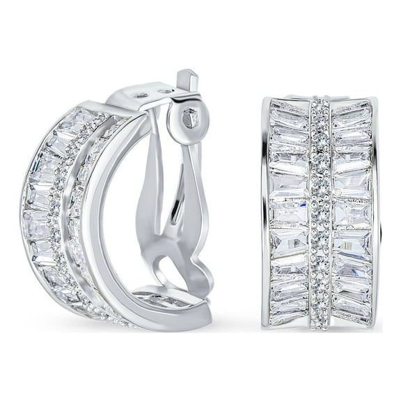 Bling Jewelry Womens Statement CZ Half Hoop Baguette Earrings Clip On Silver