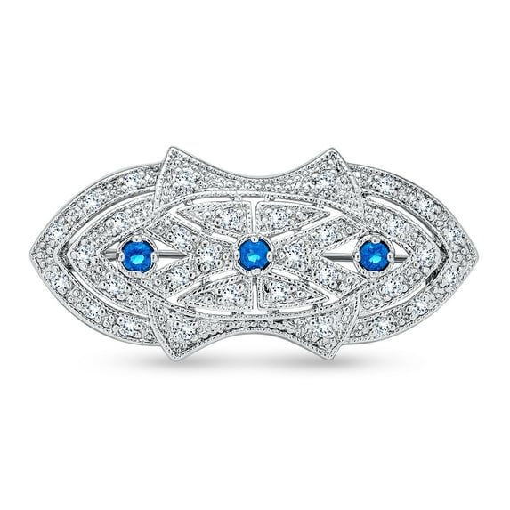 Bling Jewelry Womens Art Deco Style Lapel Brooch Pin with Blue CZ Cubic Zirconia Silver Plated