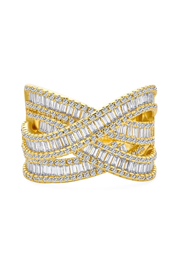 Womens Art Deco CZ Crossover Cocktail Statement Ring Silver Rhodium Plated 4 Row Baguette