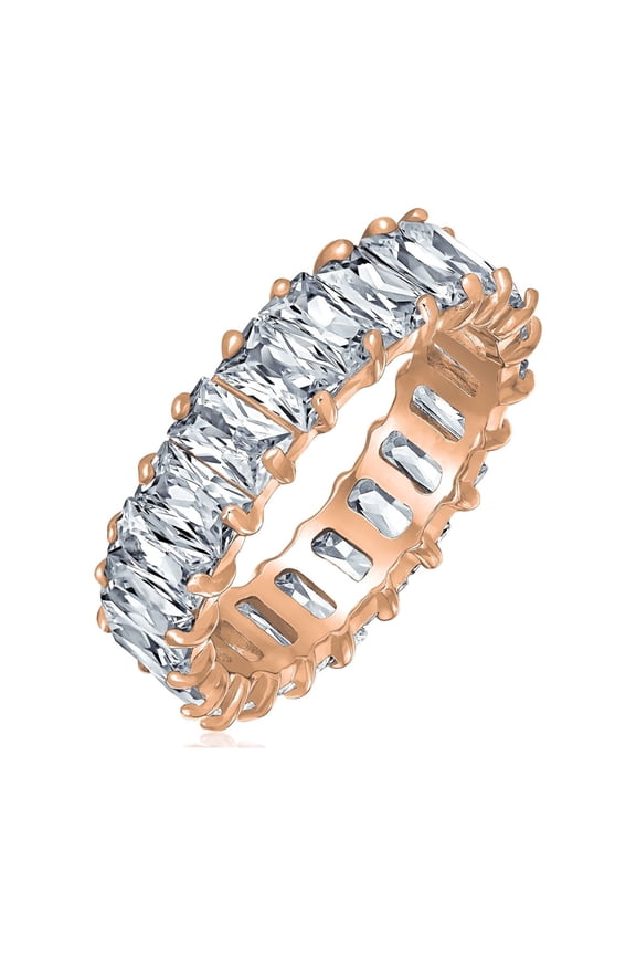 Womens Clear Baguette CZ Eternity Wedding Band Ring Rose Gold Plated Silver