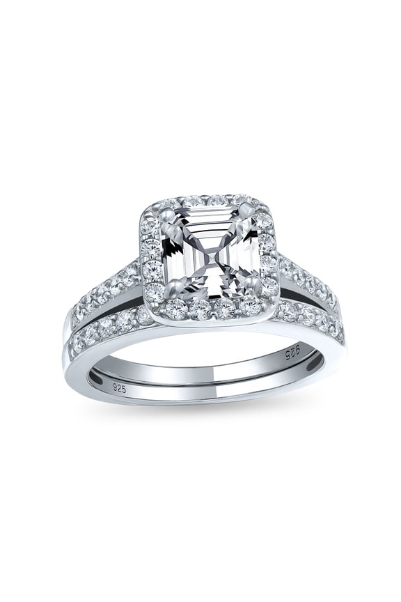 Womens 2CT Square Solitaire Asscher Cut CZ Halo Band Ring Set