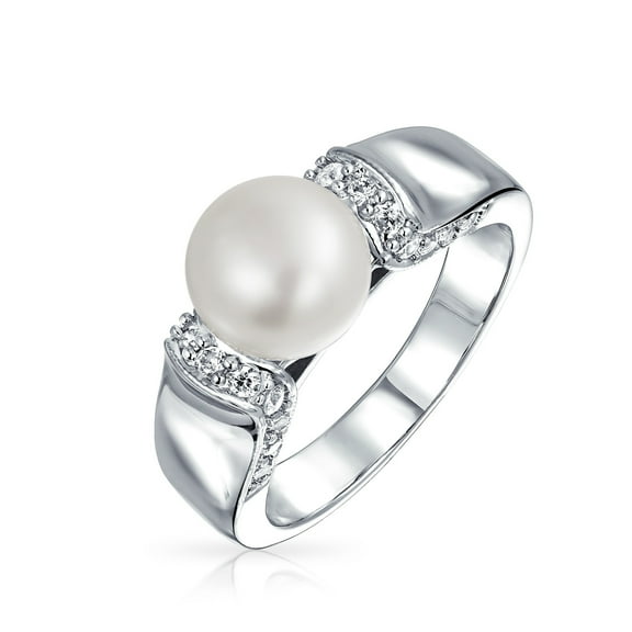 Bling Jewelry Womens Pave CZ Solitaire Freshwater Cultured Pearl Engagement Ring