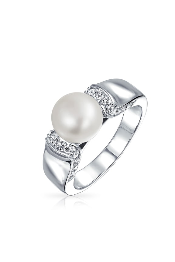 Womens Art Deco Style White Freshwater Cultured Pearl Ring Pave CZ Accent Band