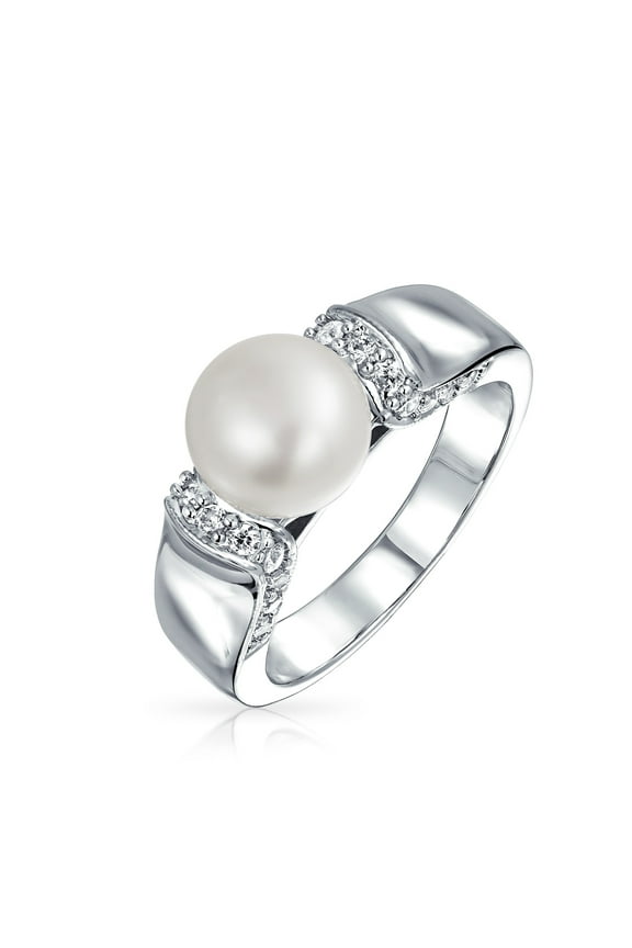 Womens Art Deco Style White Freshwater Cultured Pearl Ring Pave CZ Accent Band