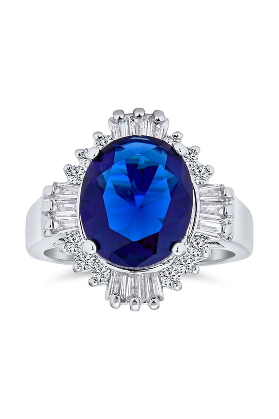 Womens Art Deco Style Halo 6CT Solitaire Sapphire Blue Oval CZ Baguette Statement Ring