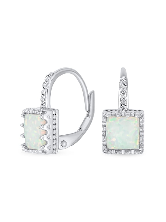 Womens Halo CZ Princess Cut White Opal Drop Earrings .925 Sterling Silver