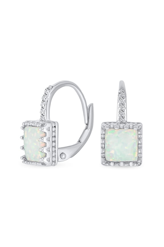 Womens Art Deco Princess Cut Solitaire White Opal Drop Earrings