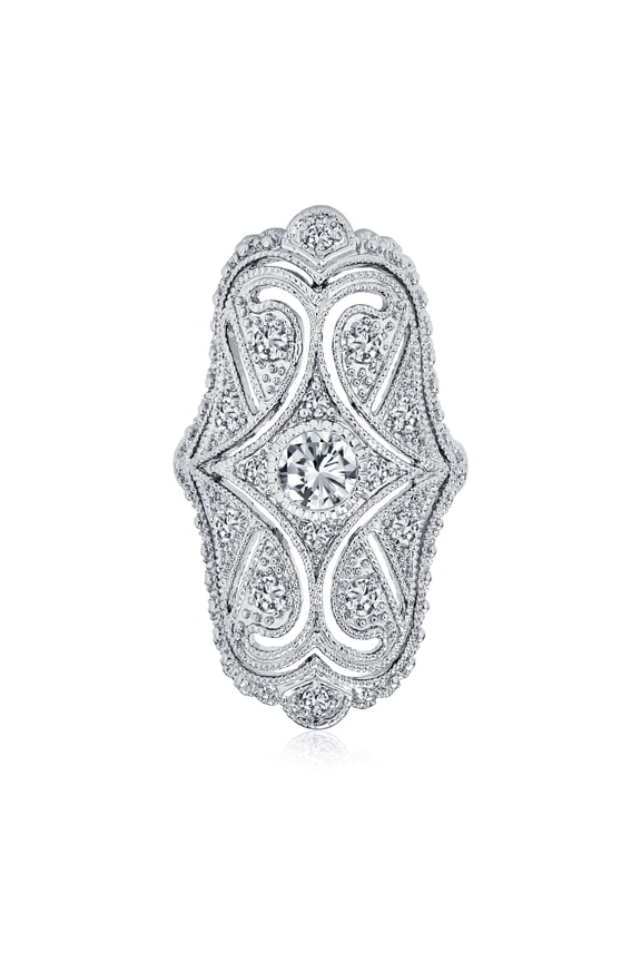 Womens Art Deco Antique Style Filigree Pave CZ Wide Armor Full Finger Statement Ring