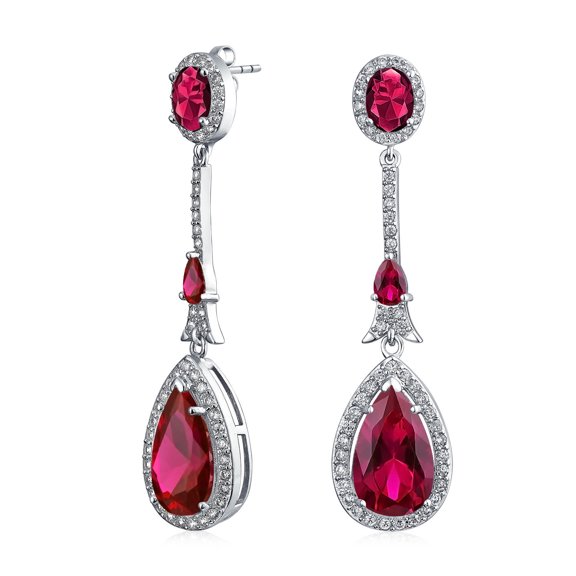 Bling Jewelry Womens Art Deco Style Dangle Halo Ruby Red CZ Cubic Zirconia Teardrop Statement Chandelier Earrings