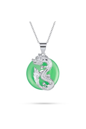 Womens Circle Disc Dyed Green Jade Dragon Pendant Necklace .925 Sterling Silver