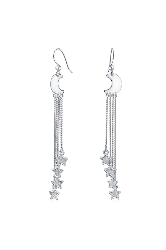 Womens Astrology  Crescent Moon Stars Dangle Earrings Silver