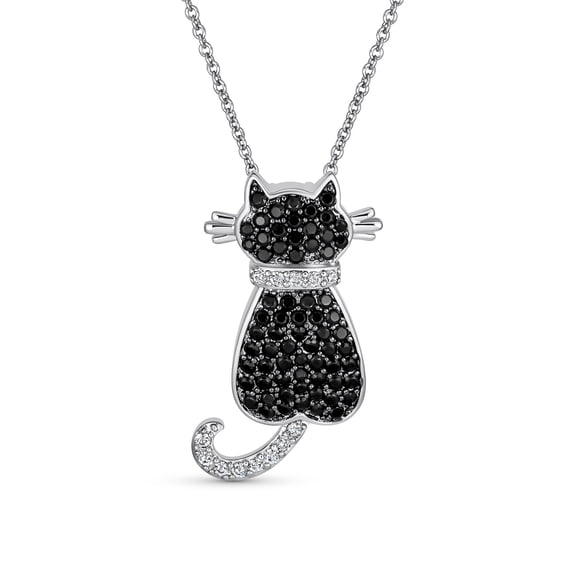Bling Jewelry Womens BFF Black Kitty Kitten Sitting Cat Pendant CZ Necklace Plated Silver Tone