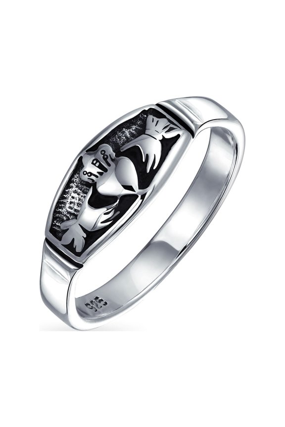 Womens BFF Celtic Irish Claddagh Wedding Band Silver Ring Oxidized