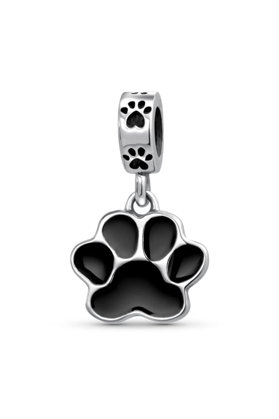 Womens .925 Sterling Silver Pet Animal Lover Black Dog Cat Puppy Kitten Paw Print Dangle Charm Bead