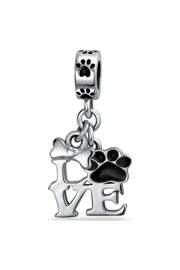 Womens BFF Pet Lover Black Dog Cat Paw Print Dangle Charm Bead