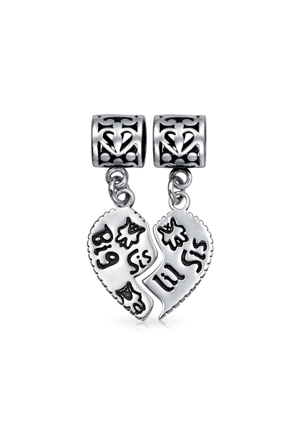 Womens Sterling Silver BFF Big Sis Little Sis Puzzle 2 Piece Split Heart Sisters Bead Charm for Bracelet