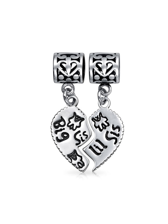 Womens Big SIS Split Heart Dangle Charm Bead for Bracelet .925 Sterling Silver