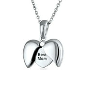 Bling Jewelry Womens BEST MOM Word Angel Wing Heart Locket Pendant Necklace .925 Sterling Silver