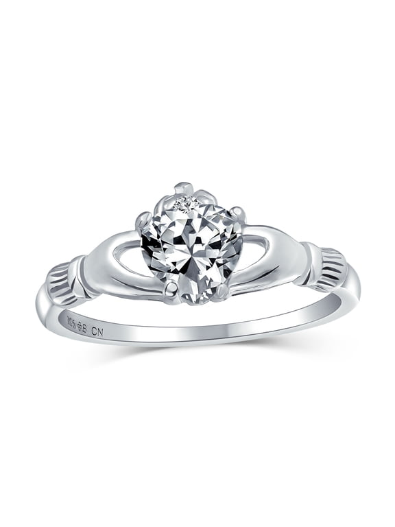 Womens Friendship BFF Birthstone Clear CZ Claddagh Band Ring 925 Sterling Silver
