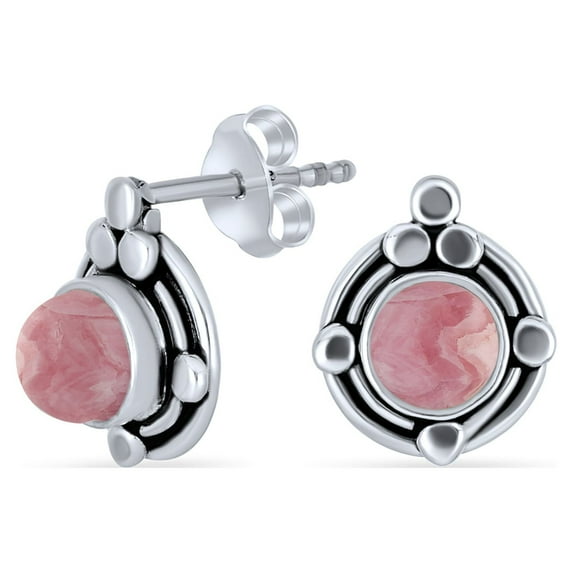 Bling Jewelry Womens Leaf Motif Bezel Set Gemstone Pink Rhodochrosite Round Stud Earrings .925 Sterling Silver