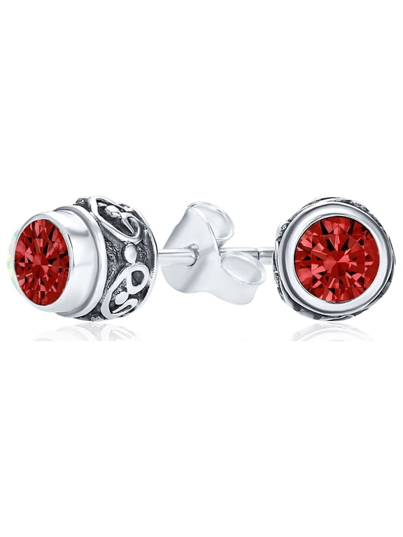 Womens Bali Style Red Garnet CZ Stud Earrings Oxidized .925 Sterling Silver