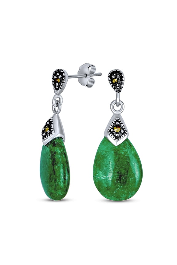 Womens Bali Dangle Gemstone Earrings Green Jade Marcasite