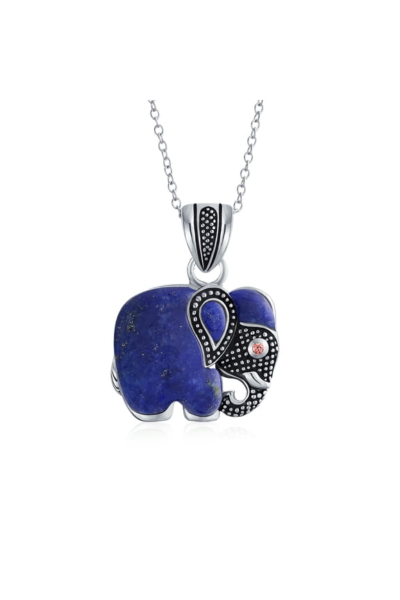 Womens Bali Elephant Pendant Necklace with Lapis Jade and Turquoise Inlay in Silver