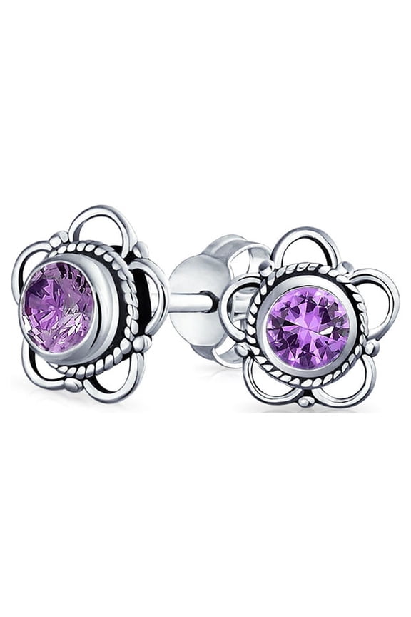 Womens Flower Shape Purple Amethyst CZ Stud Earrings .925 Sterling Silver