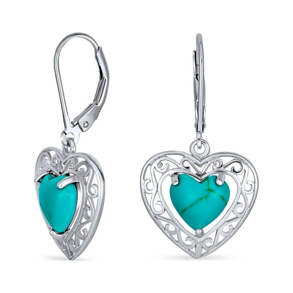 Bling Jewelry Womens Bali Style Natural Turquoise Heart Shape Drop Earrings Scroll Filigree Sterling Silver Fish Hook