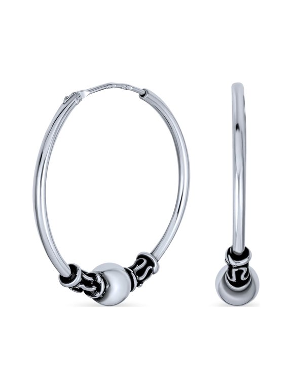 Womens Balinese Bead Bali Endless Hoop Earrings 1" Oxidized .925 Sterling Silver