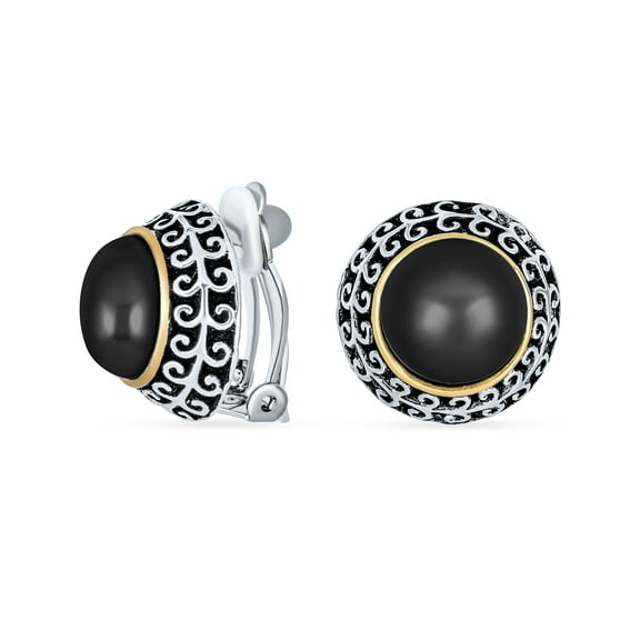 Bling Jewelry Womens Balinese Button Style Clip-On Earrings with Simulated Black Onyx for Non Pierced