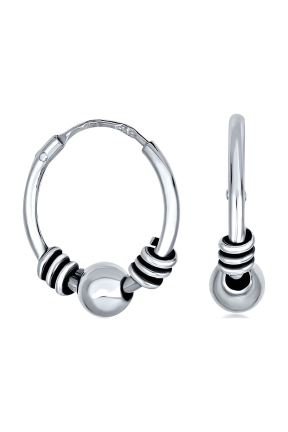 Womens Balinese Tribal Ball Bead Endless Hoop Earrings Sterling Silver 0.50 Inch