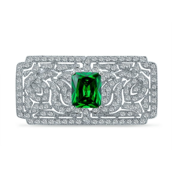 Bling Jewelry Womens Big Vintage Estate Jewelry Green CZ Rectangle Filigree Brooch Pin Silver Plated