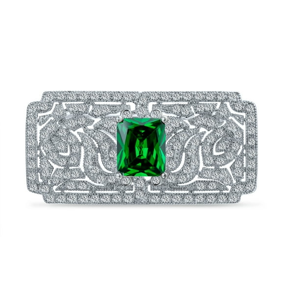 Bling Jewelry Womens Big Vintage Estate Jewelry Green CZ Rectangle Filigree Brooch Pin Silver Plated