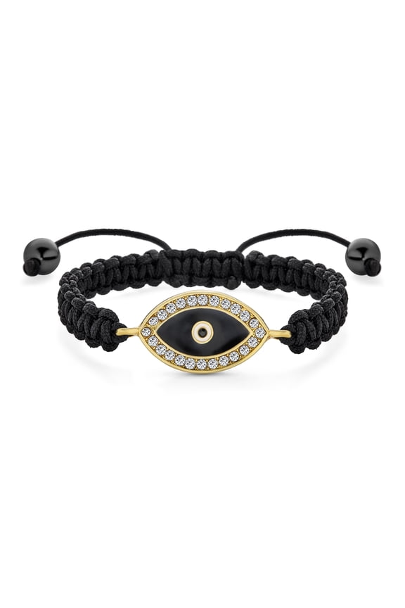 Womens Black Braided Cord Evil Eye Bolo Bracelet Adjustable Gold Plated Crystal Accent