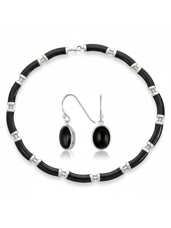 Womens Black Onyx Tube Link Pendant Necklace & Oval Drop Earrings Set .925 Silver