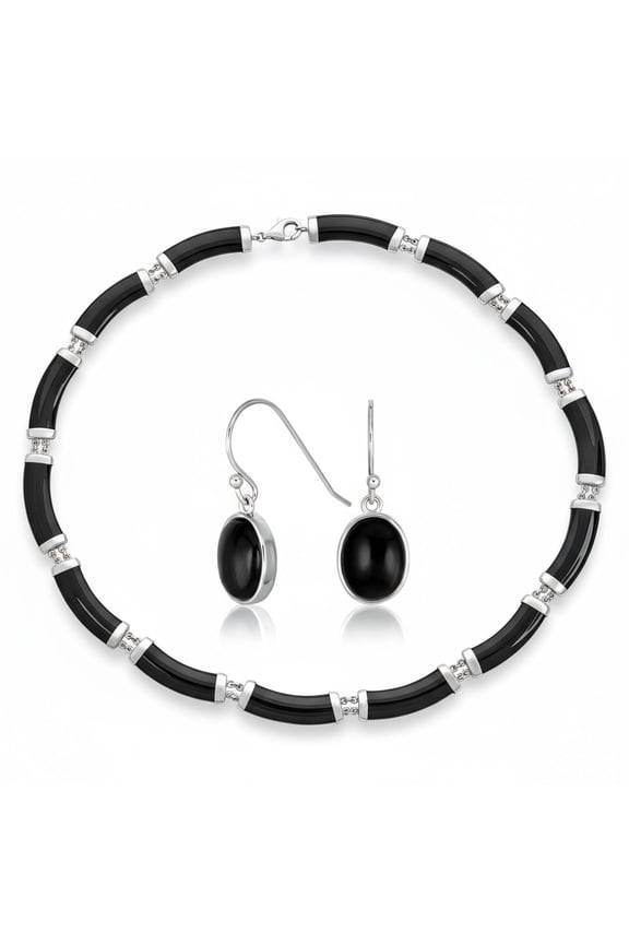 Womens Black Onyx Tube Link Pendant Necklace & Oval Drop Earrings Jewelry Set Silver