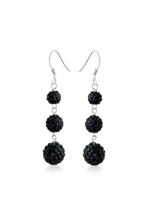 Womens Black Crystal Pave Disco Balls Dangle Earrings in Sterling Silver