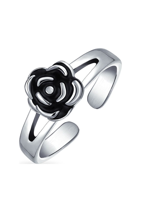 Womens Black Rose Flower Shape Split Band Midi Toe Ring .925 Silver Sterling