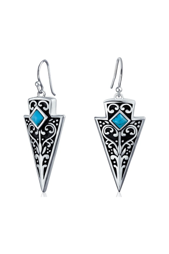 Womens Blue Bead Arrowhead Dangle Gemstone Earrings Oxidized Silver