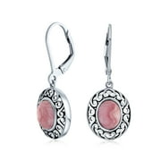 BLING JEWELRY Womens 3.2CTW Pink Rhodochrosite Oval Bezel Lever Back Dangle Earrings Sterling Silver