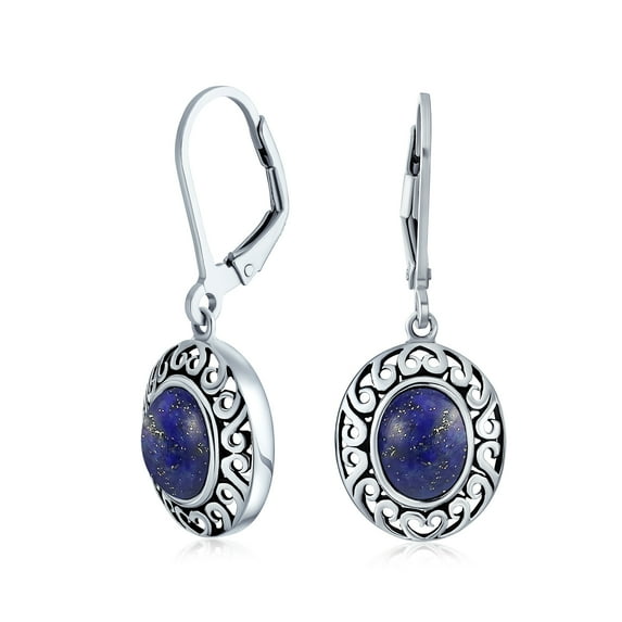 Bling Jewelry Womens 3.2CTW Blue Lapis Lazuli Oval Bezel Lever Back Dangle Earrings Sterling Silver