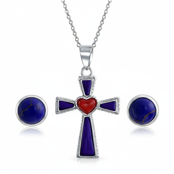 Bling Jewelry Womens Blue Lapis Heart Cross Necklace & Dome Stud Earrings Jewelry Set Sterling Silver